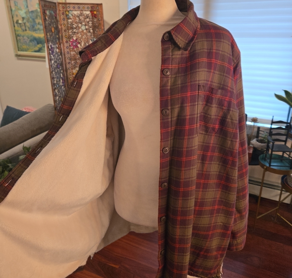 L.L. Bean Cotton Plaid Preppy Outdoor Sherpa Lined Shacket Jacket Womens XL